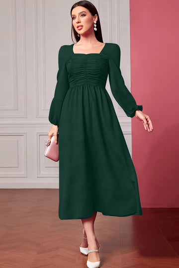 Square Neck Rushed  Lantern Sleeve Dress