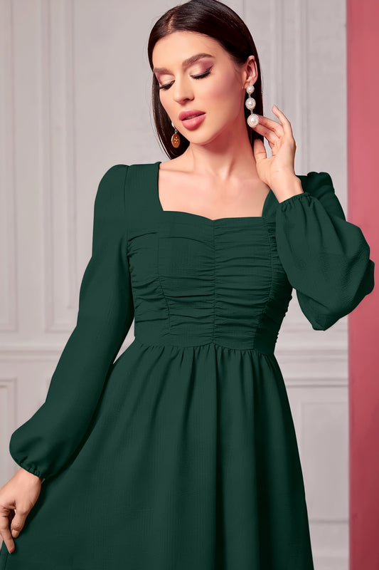 Square Neck Rushed  Lantern Sleeve Dress