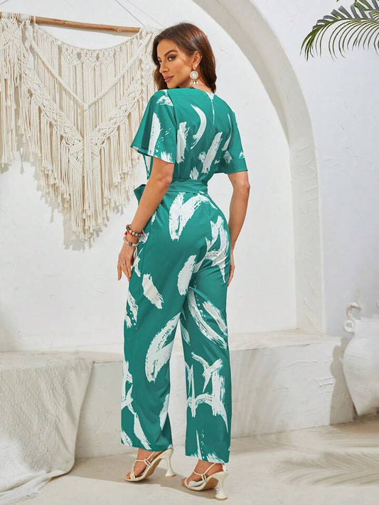 Random Print V-Neck  Short Sleeve Jumpsuit For Women