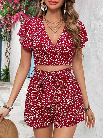 Summer Two Piece Outfits Butterfly Print Short Sleeve Top And Shorts Set