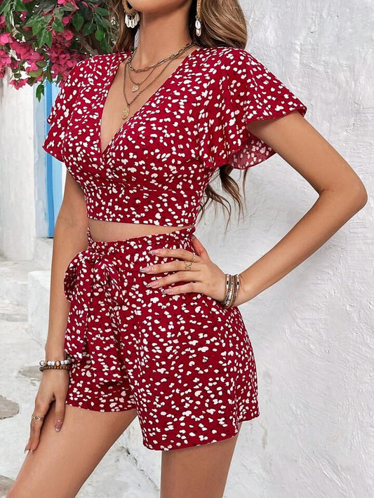 Summer Two Piece Outfits Butterfly Print Short Sleeve Top And Shorts Set