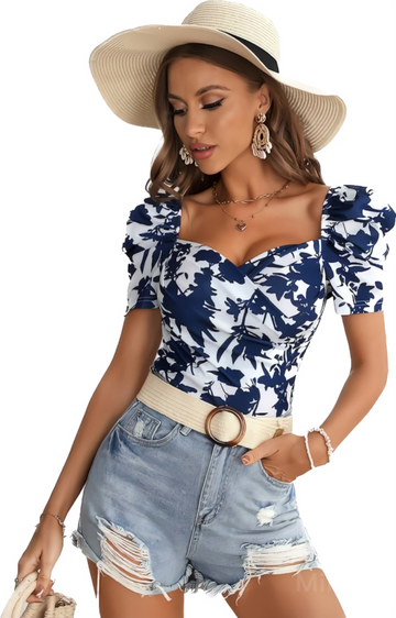 Floral Puff-Sleeve Wrap Top