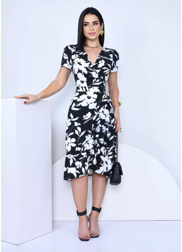 Floral Print Ruffle  Trim Wrap Belted Dress