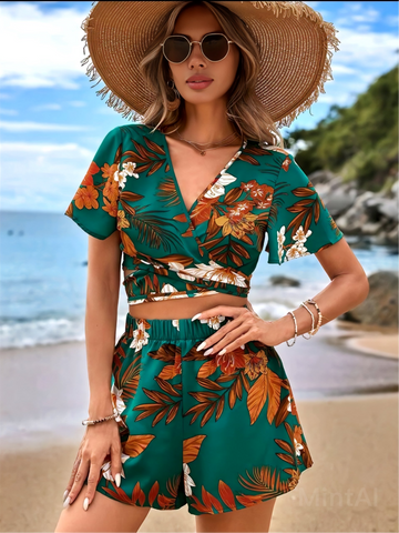 Women's Floral &  Botanical Printed Beach Crop Top & Shorts Set