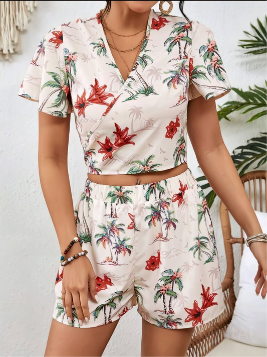 Women's Floral &  Botanical Printed Beach Crop Top & Shorts Set