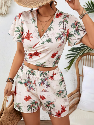 Women's Floral &  Botanical Printed Beach Crop Top & Shorts Set