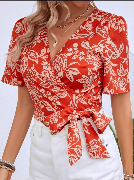 Floral Print Knot Side Wrap Crop Top