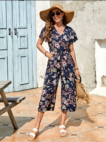 Tropical Print Butterfly Sleeve Belted Jumpsuit