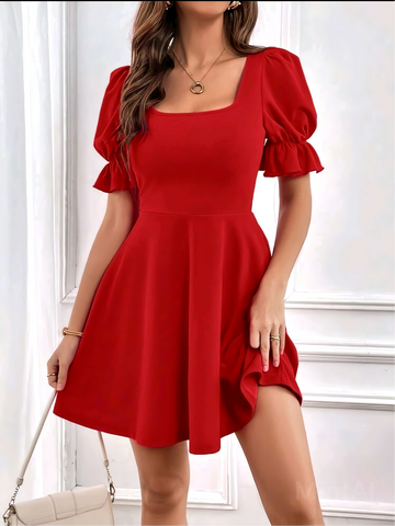 Summer Square Neck Puff Sleeve One-piece Dress